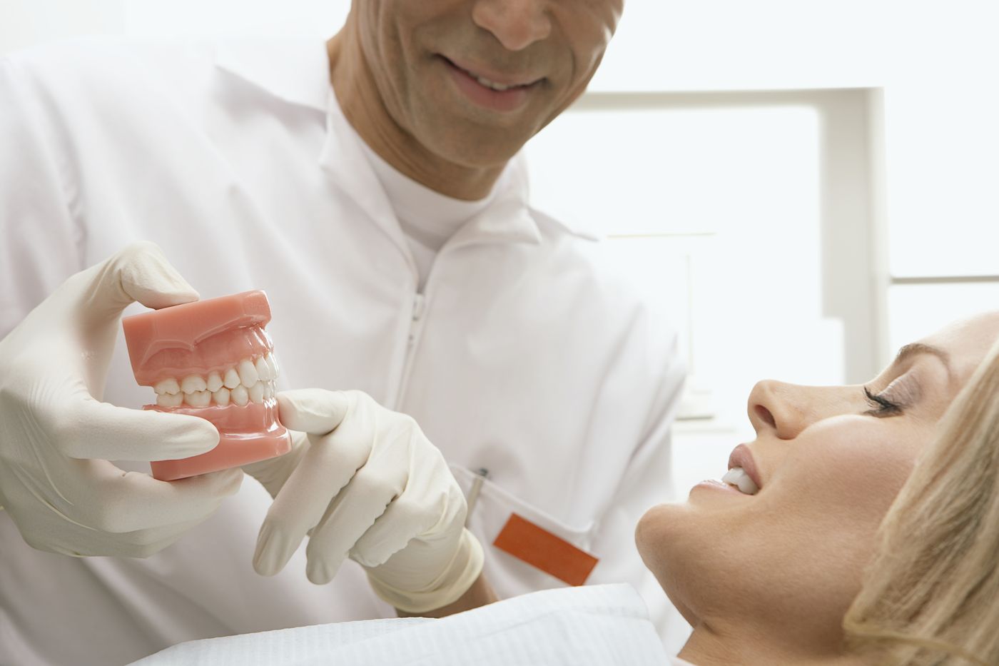 Dentist holding dental model for patient consultation in office
